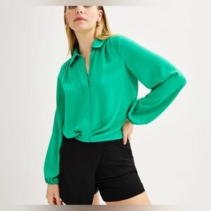 Women Intempo Twist Front Crop Shirt Long Sleeve Preppy‎ NEW $40 Emerald Green